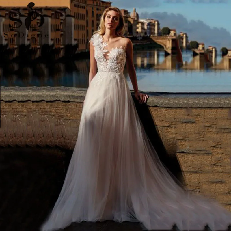 Sodigne Bohemian Prinses Trouwjurk Een Schouder Kant Applicaties Roze Tulle Bridal Dress Plus Size Trouwjurk