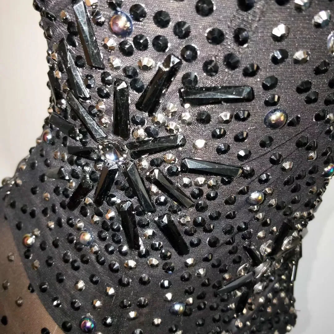 Damskie brokatowe dżetów obcisłe czarne bez rękawów, bez pleców, rozciągliwe kombinezony klub nocny Bar etap kostium taneczny na rurze