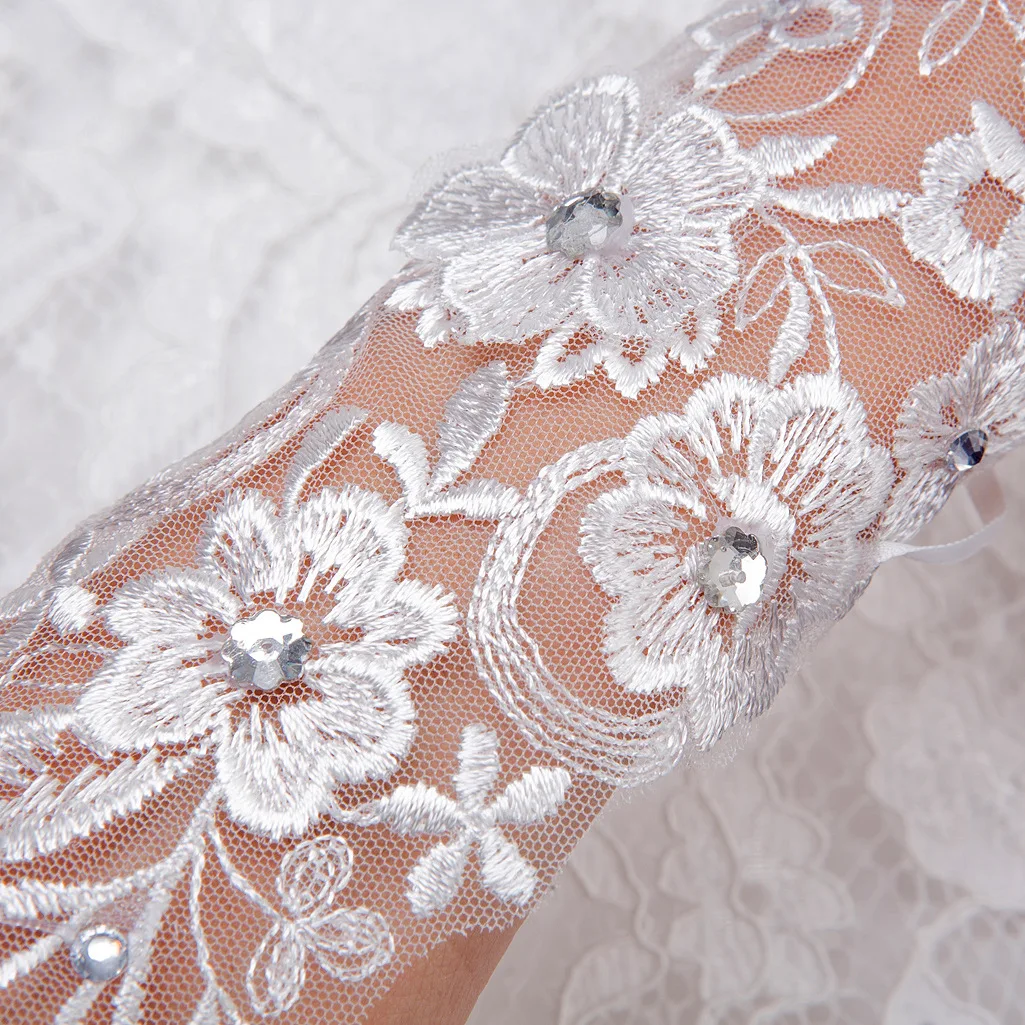 Fingerless Lace Luvas De Noiva Com Contas, Fantasia Cristal Cotovelo Comprimento, Sexy Noiva Festa De Casamento