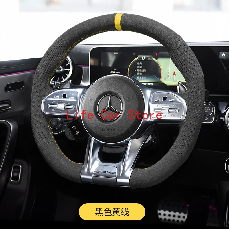 

For Benz A35 C43 E53 S63 GLE G63 AMG Steering Wheel Cover DIY Hand Sewn Top Alcantara Suede Car Accessories