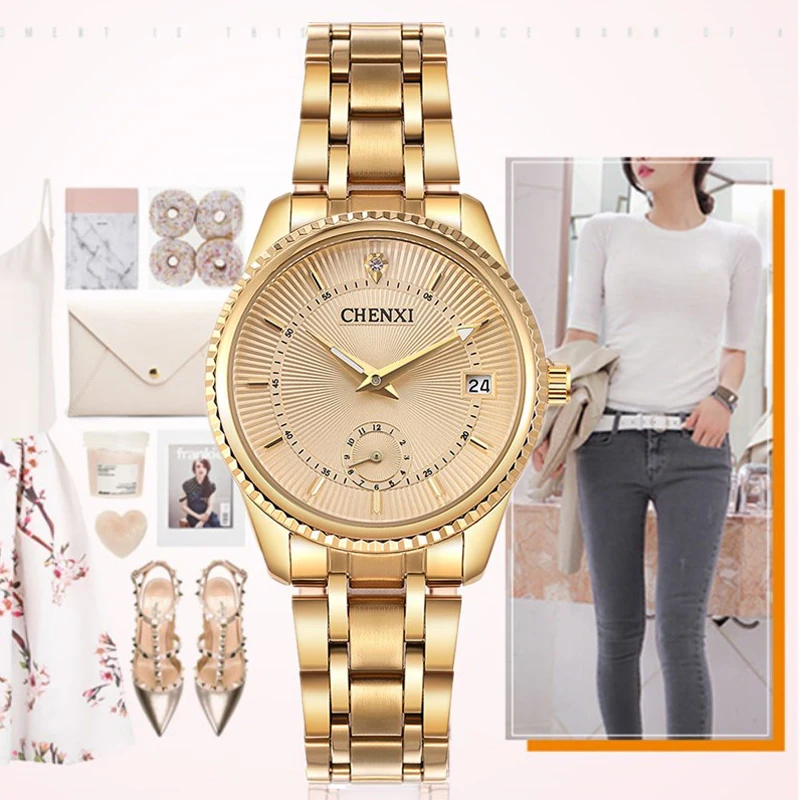 

Chenxi Luxury Business Watches Women Gold Watches Stainless Steel Auto Date Quartz Wristwatches Small Seconds Reloj Mujer 2020