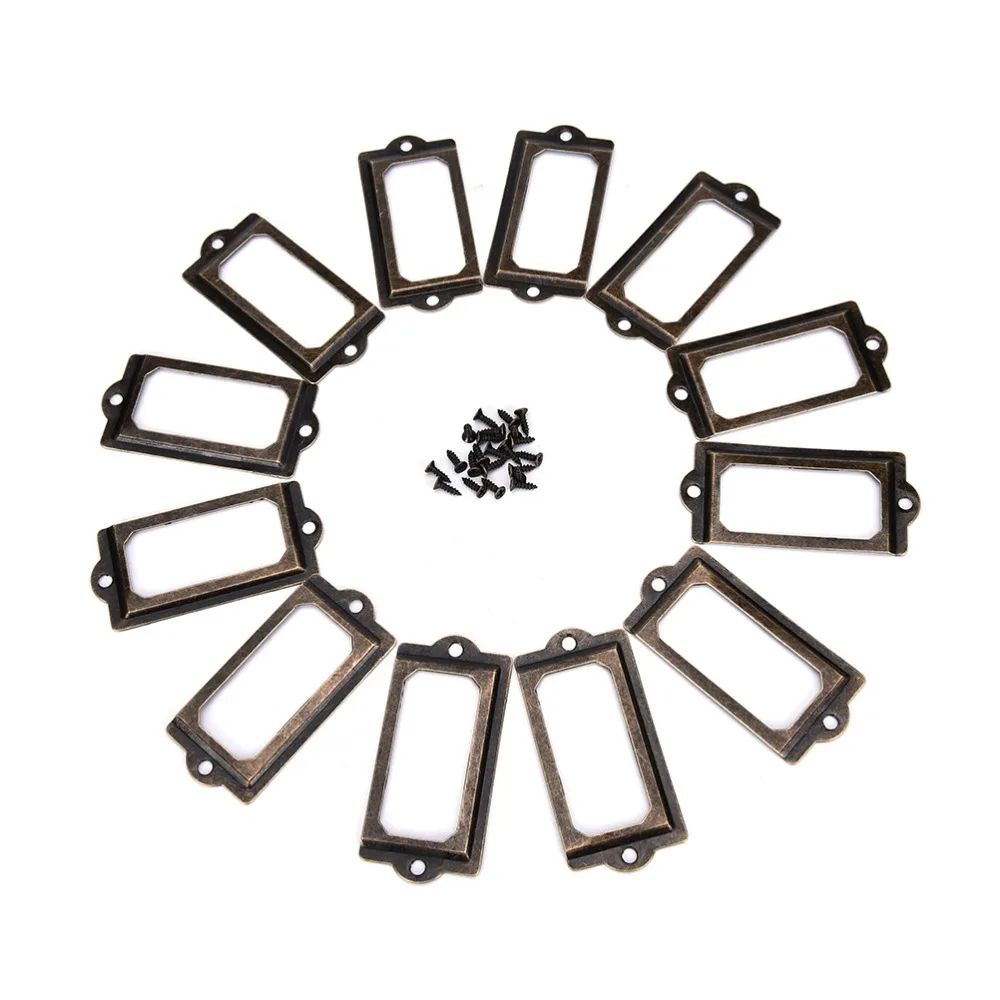 12Pcs โลหะทองเหลืองโบราณป้ายดึงกรอบแฟ้มชื่อการ์ดสำหรับตู้ลิ้นชักกล่องกรณีชุดสกรู