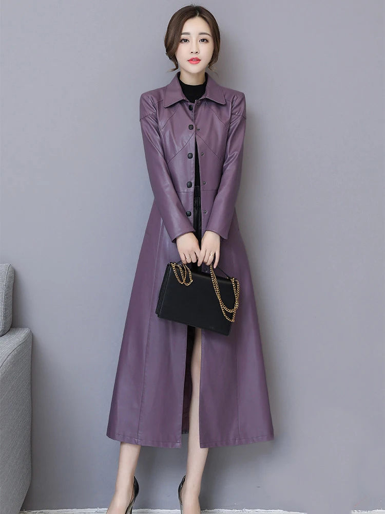 Lautaro Spring Extra Long PU Leather Trench Coat for Women Slim Fit Elegant Red Black Purple Outerwear Fall Korean Fashion 2021