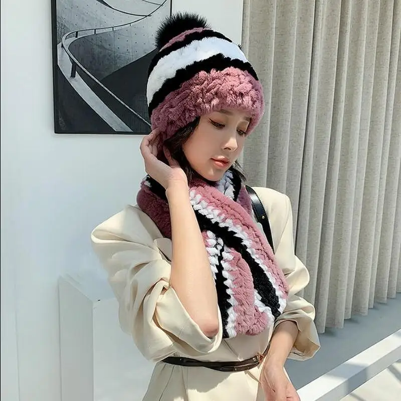 ZDFURS*Winter 100% Real Rex Rabbit Fur Hat Scarf Sets Comfortable Warm Stripes Fur Casual Female Ladies Caps Scarves Balls New