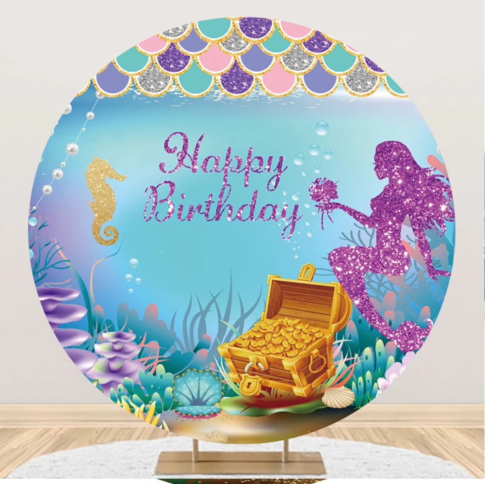 Yeele Girl Newborn Baby Shower Round Backdrop Treasure Mermaid Blue Background Party Photography Custom Polyester Photo Studio