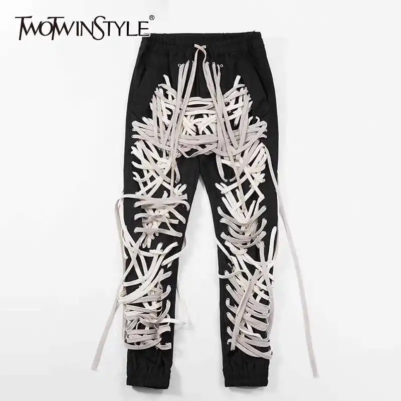 TWOTWINSTYLE Hit Color Patchwork Bandage Women's Trouser High Waist Casual Slim Pants For Female Summer 2022 Streetwear Fashion