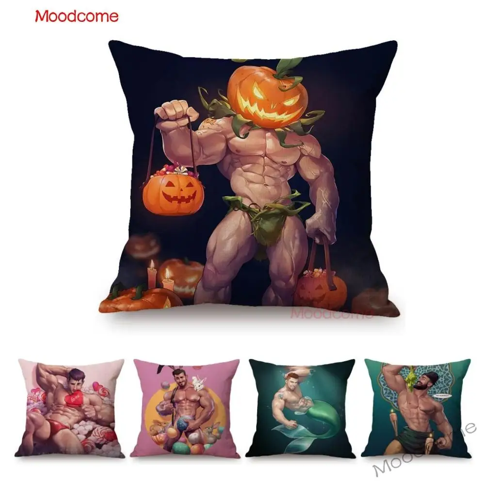 Sexy Halloween Valentine Christmas Santa Claus Muscle Man Easter Bunny Gay Art Sofa Pillow Case Hot Gym Buddy Sexy Cushion Cover