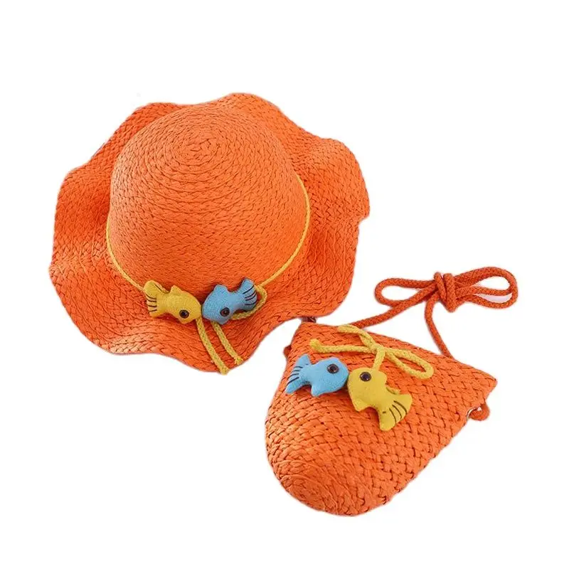 

Korean lovely Fish Children Sun Hat Bag Set Spring Summer Brand Falbala Beach Straw Hat For Boy Girl Wide Brim Cap 4-8 Year