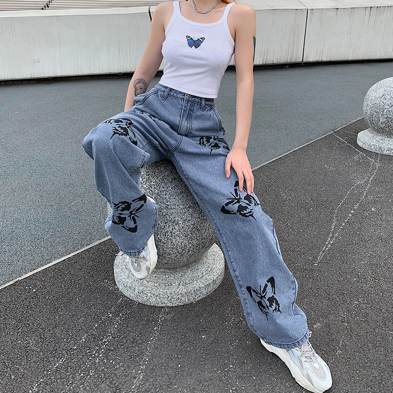 Women\'s High Waisted Jeans Butterfly Print Straight Wide Leg Denim Pants Baggy Loose Casual Trousers Streetwear