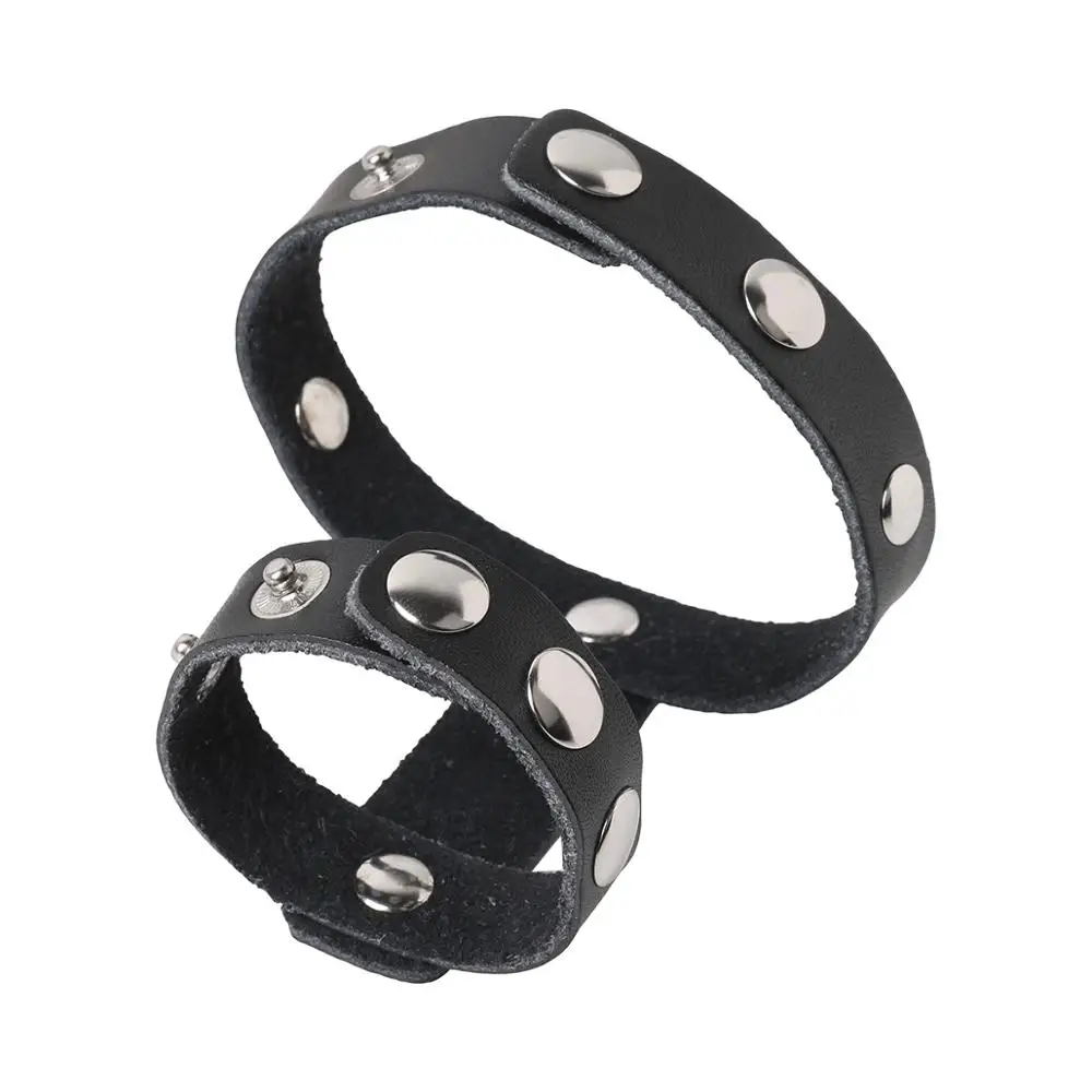 Anillo ajustable de cuero genuino para hombre, jaula de pene de dos anillos para el pene, mejora la erección, Bondage, accesorios eróticos para Gay