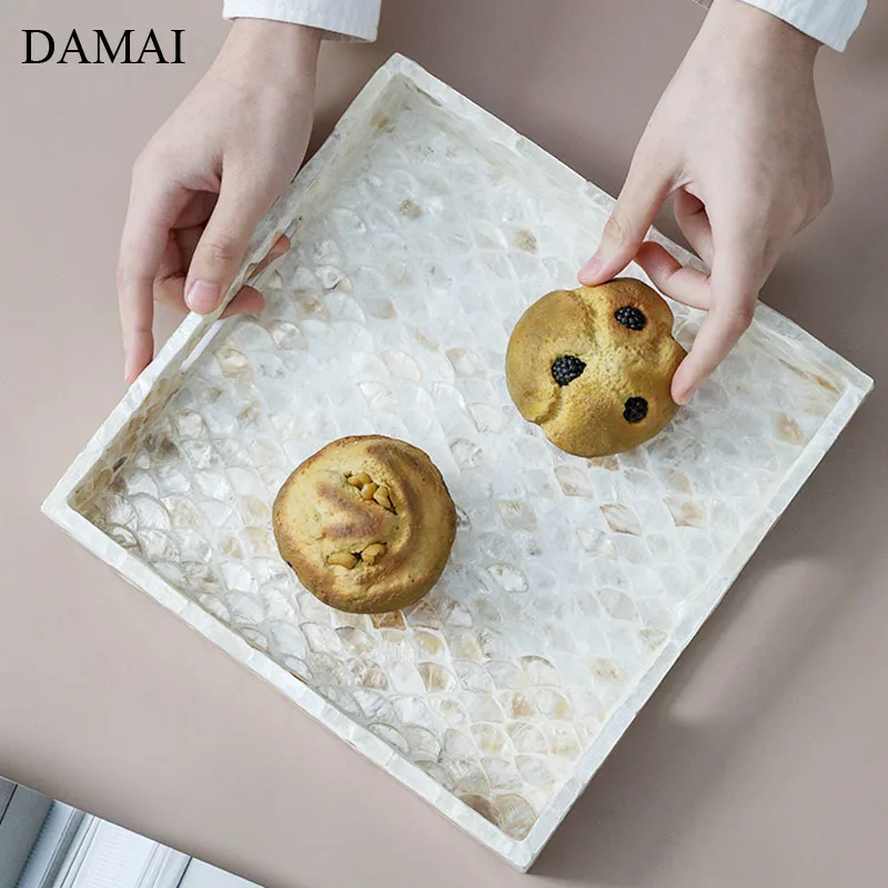 Hand Painted Wood Trays Decorative Natural Color Shell Decoration Tea Set Storage Tray Jewelry Organizer Cosmetic Container