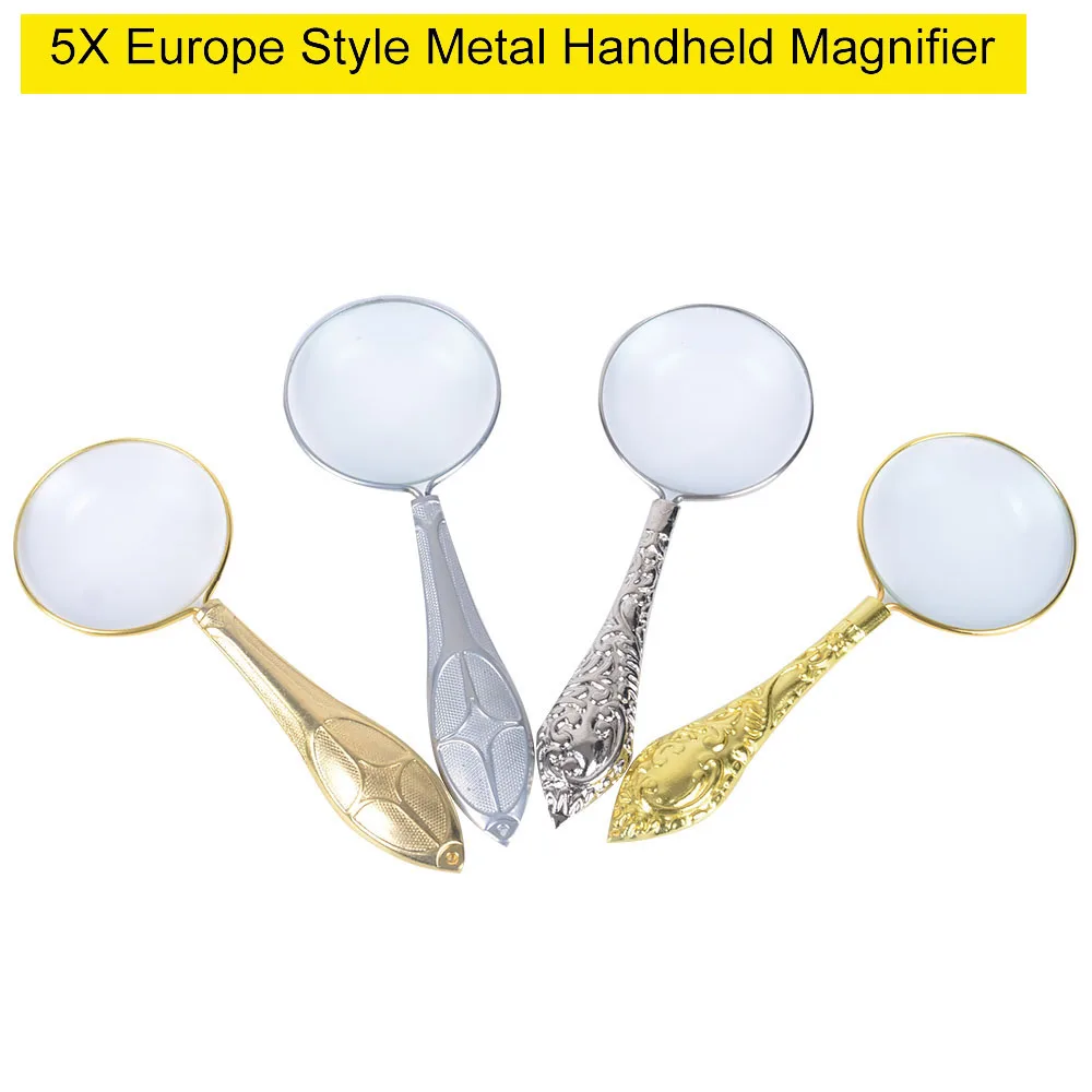 5X Gold 45mm Diameter Magnifier Glass Lens Metal Glass Mirror Flower Magnifier Complex Pattern Handle Magnifying Glass Loupe