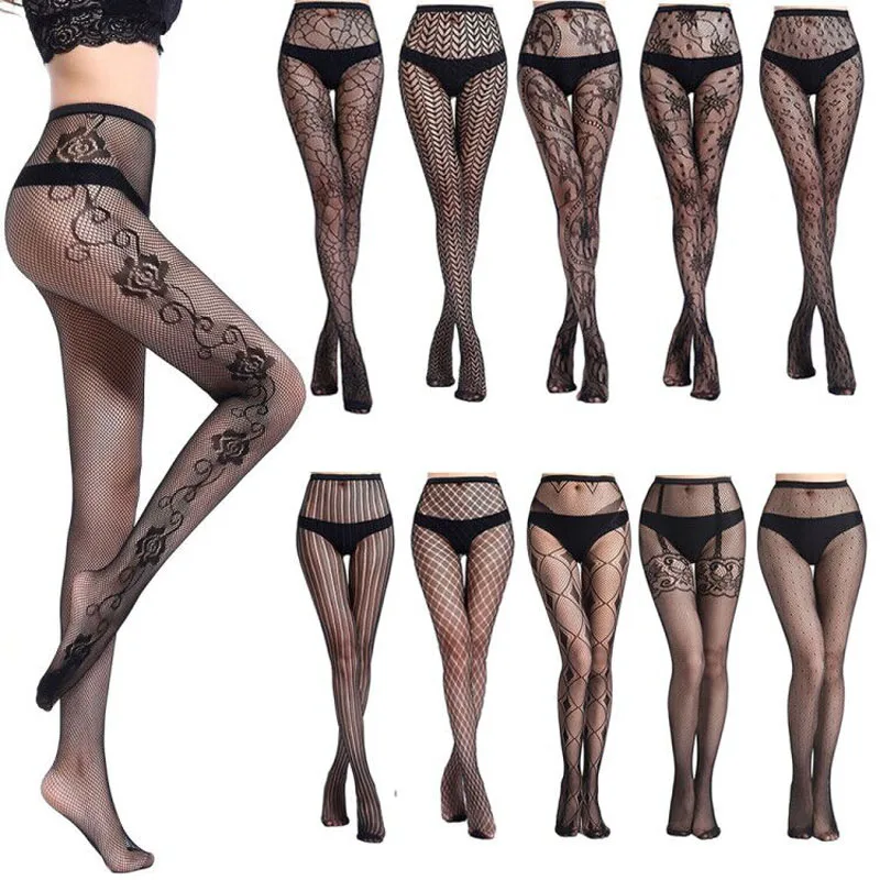 ผู้หญิงร้อนเซ็กซี่ชุดชั้นในถุงน่อง Garter Belt Fishnet Tights โปร่งใส Pantyhose ต้นขาสูงลาย Elasti เย็บปักถักร้อยถุงน...