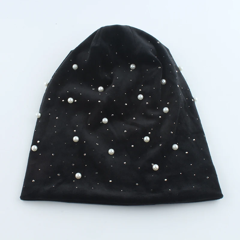 2022 New Fashion Women Skullies Beanies Pearl Rhinestones Women Bonnets Winter Cap For Ladies Soft Warm Velvet Hats