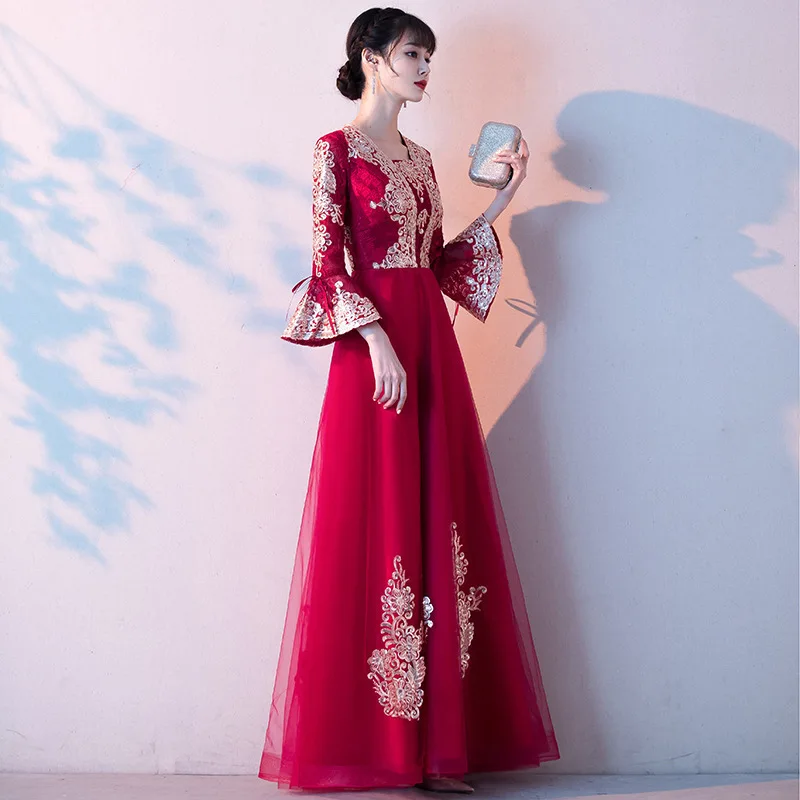 Qipao – robe de mariée élégante, broderie traditionnelle chinoise, fleur Noble, pleine longueur, Slim