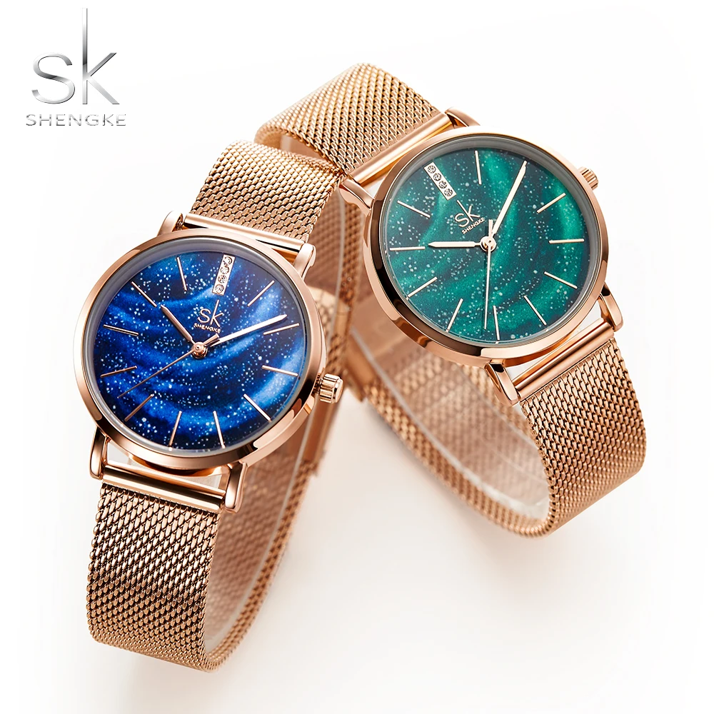 Shengke Frauen Uhren Starry Grün Zifferblatt Mesh Band Damen Armbanduhr Ultra-dünne Edelstahl Band Quarz Montre Femme Geschenk