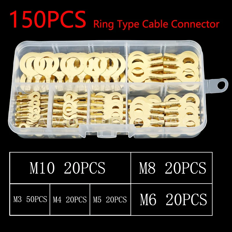 150PCS M3/M4/M5/M6/M8/M10 Ring Lugs Ring Eye Copper Crimp Terminals Cable Lug Wire Connector Non-insulated Diy Assortment Kit