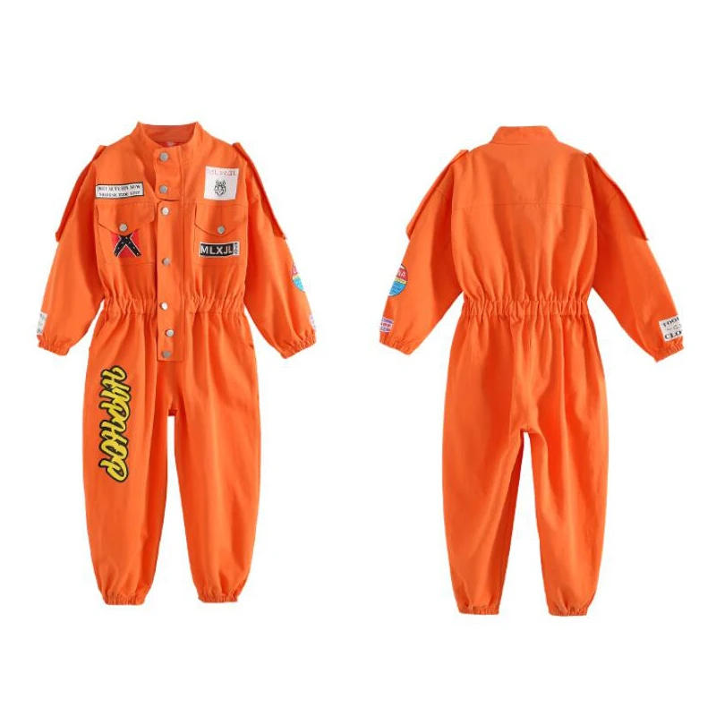 Kids Cool Short Sleeve Hip Hop Clothing orange  Jumpsuit Overalls for Girls Boys Jazz Dance Costume Ballroom Dancing Clothes