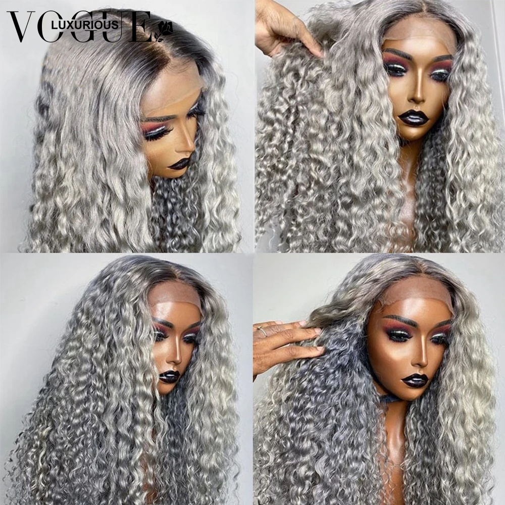 Ketebalan 250 Wig Frontal keriting dalam panjang abu-abu berwarna renda depan Wig rambut manusia Brazilian Virgin 13x4 Wig rambut manusia renda depan