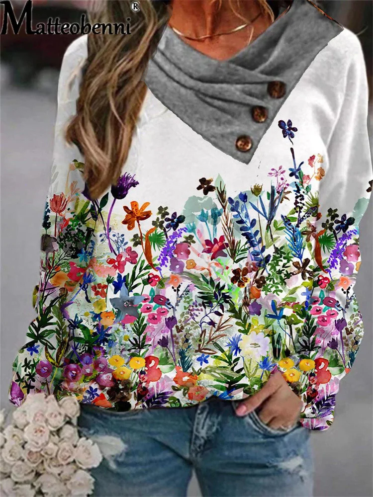 

2021 Autumn Winter Women New Flower Print Buttons Round Neck Long Sleeve Sweatshirt Lady Fashion Loose Casual Pullover