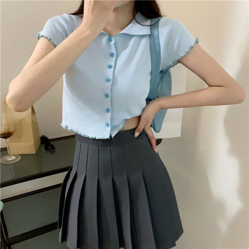 Turn-down Collar Shirts Women Solid Short Sleeve Slim Students Preppy Style Crop Tops Loose Basic Undershirts Fungus Lovely Chic