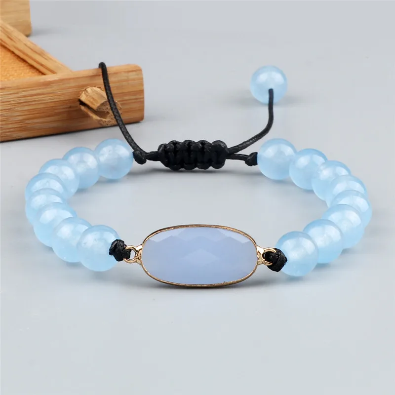 Women Reiki Healing Yoga Bracelet Natural Stone Blue Chalcedony Agates Beaded Braided Bracelets Jewelry Men Adjustable Pulsera