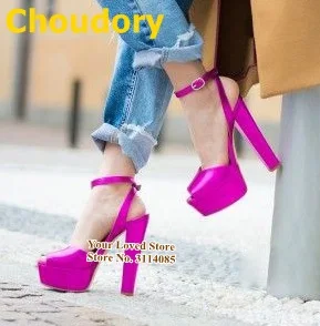 Choudory Fuchsia Patent Leather Chunky Heel Sandals Open Toe Platform Buckle Strap Dress Shoes Nice Wedding Pumps Size47