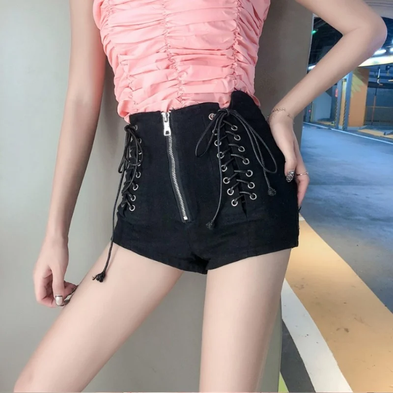 High Summer Waist Denim Shorts Women Fashion Cross Bandage Zipper Sexy Shorts Female Skinny Lace-Up Korean Stretch Jeans Shorts