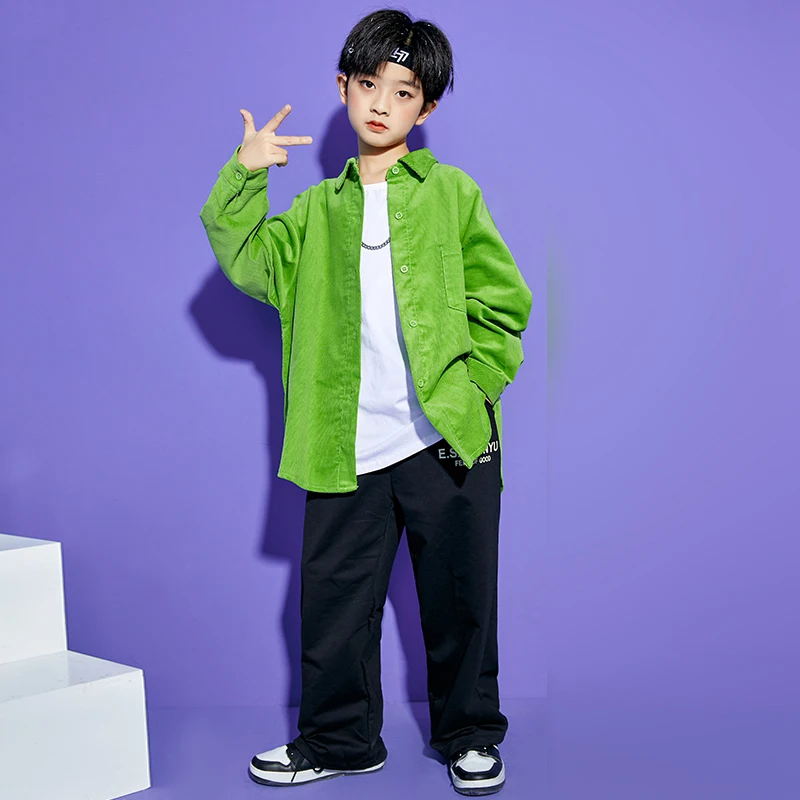 

Street Dancewear Kids Hip Hop Clothes Green Festival Clothing Rave Long Sleeve Dancer Outfit Stage Outfit Casual Pants JL3886