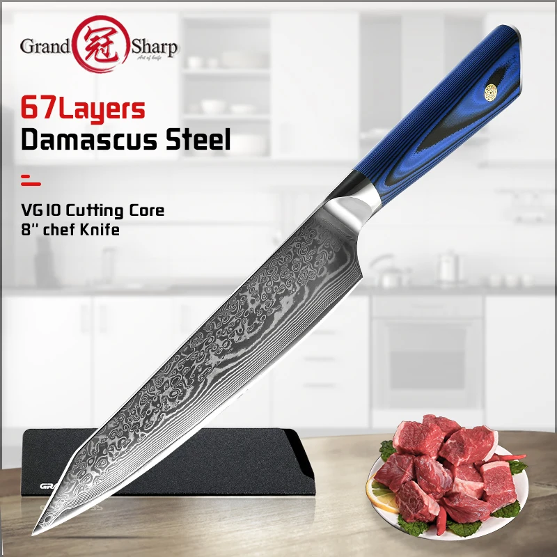 Grandsharp 8 Inch AUS-10 Japanese Kitchen Knives 67 Layers Damascus Chef Knife Sashimi Sushi Slicer Fish Filleting Butcher Tools