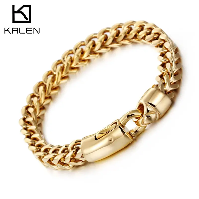 Kalen Dubai Gold Color Link Chain Bracelet For Men Stainless Steel Jewelry High Polished Hand Chain Accessories Birthday Gifts