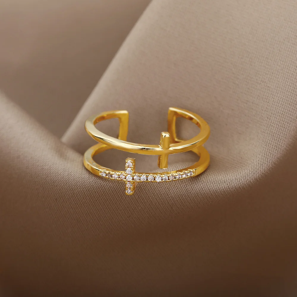 Cross Rings For Women Opening Gold Color Stainless Steel Ring Vintage Jesus Couple Wedding Jewelry Freeshipping Item anillos