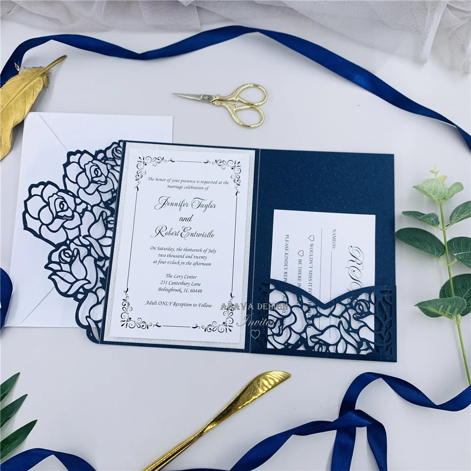 Elegant Modern Navy Laser Cut Pocket Wedding Invitation Suite With Glitter Silver Tag, RSVP card And Envelope