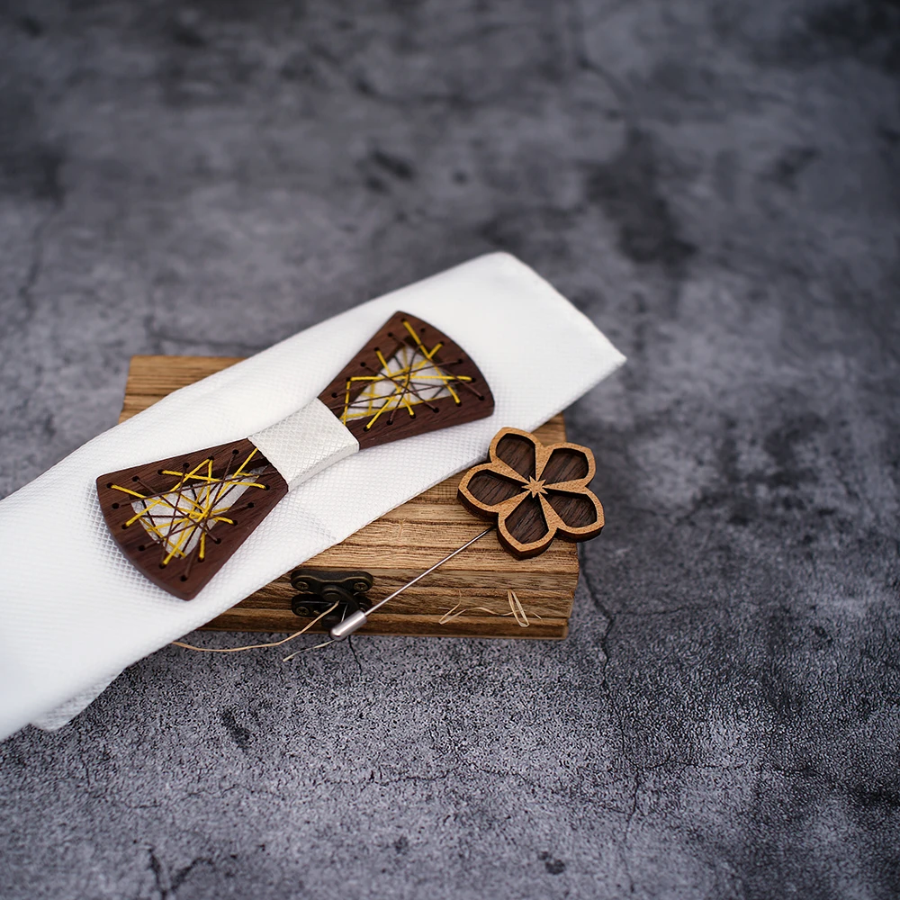 Mens Wooden bow tie Carved Wood Bowtie Pocket Square Cufflinks Set Floral Bowtie Wooden Box Suit Business Wedding