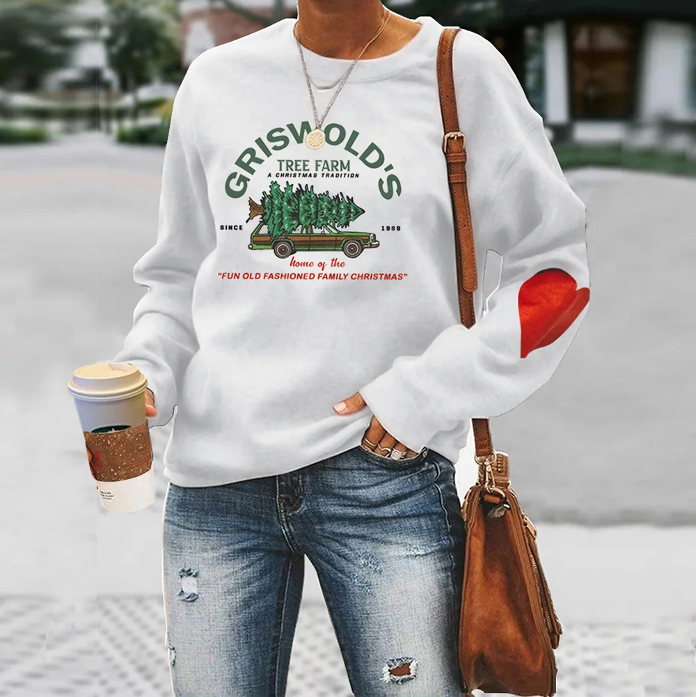 Griswold's Tree Farm Letter Print Women Sweatshirt Christmas Car Trees Graphic Aesthetic Sweatshirts Long Sleeve with Red Heart