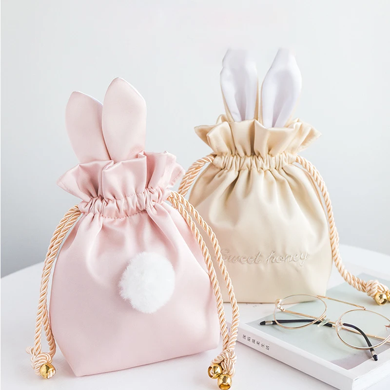 Girls Storage Bag Cute Rabbit Fur Ball Drawstring Makeup Organizer Women Portable Travel Cosmetics Bag Pouch Jewellery Container