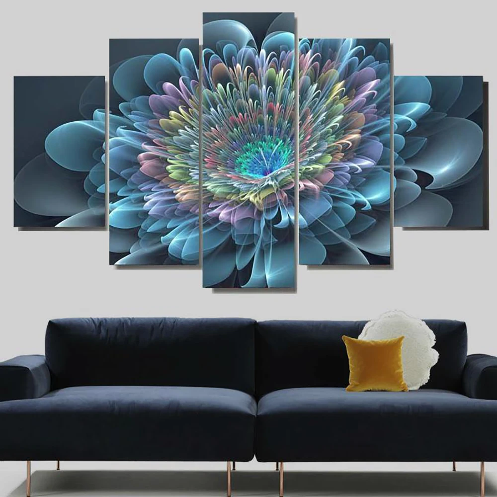 

5 Pieces Wall Art Canvas Painting Blue Rainbow Flowers Poster Modular Home Decoration Pictures Modern Living Room Framework