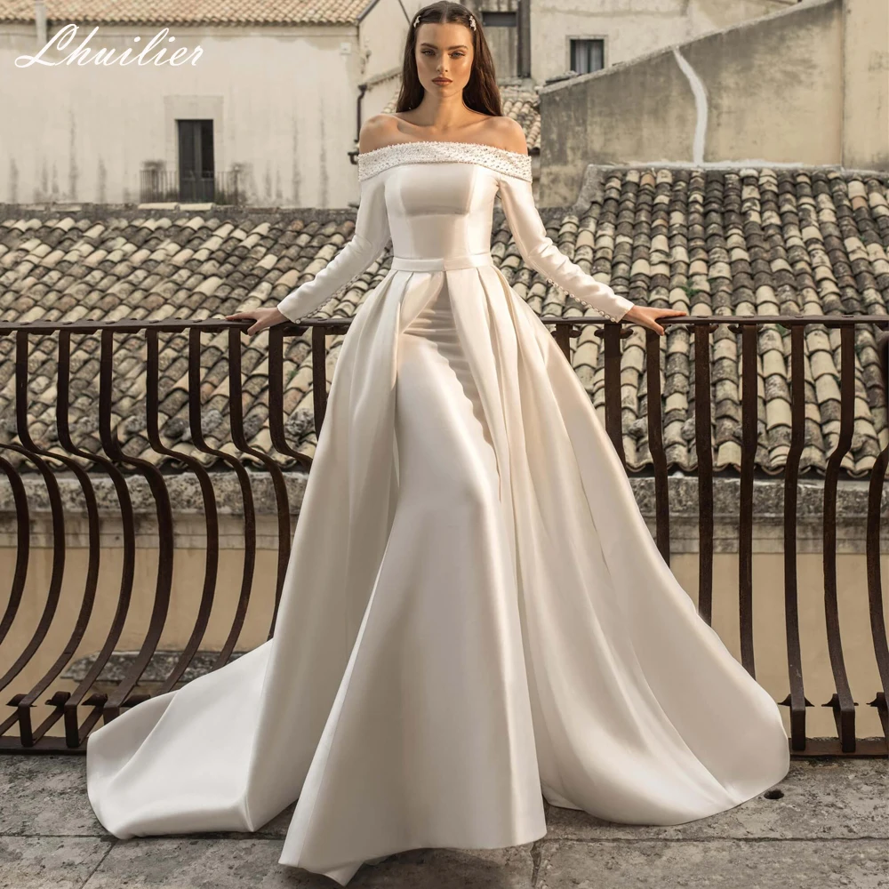 Lhuilier Customized 2 in 1 Mermaid Boat Neck Satin Wedding Dresses Beaded Long Sleeves Bridal Dress with Detachable Train