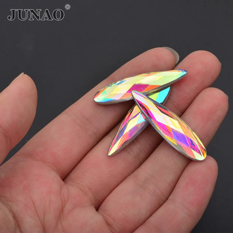 JUNAO 20pcs 9x36mm Glitter Teardrop Crystal AB Rhinestones Applique Flatback Acrylic Crystal Buttons Non Hotfix Strass Diamond