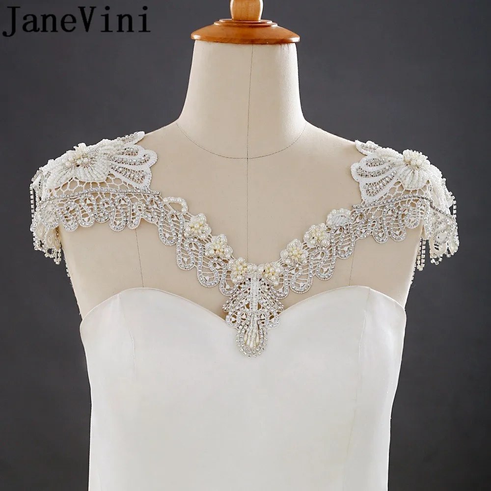 JaneVini Vintage White Lace Bridal Shoulder Chain Necklace Crystal Beaded Jewelry Bride Pearl Wedding Party Chains Accessories