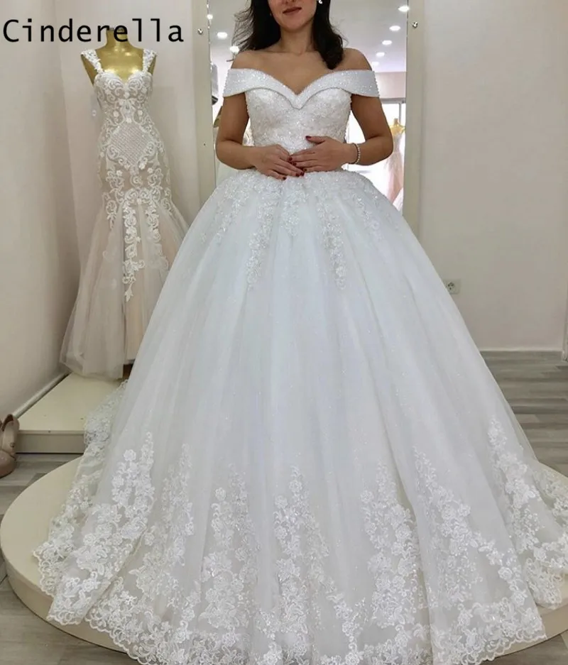 Cinderella Hand Working Crystal Beading Court Train Lace Applique Tulle Wedding Dresse With Lace Up Back vestido de noiva