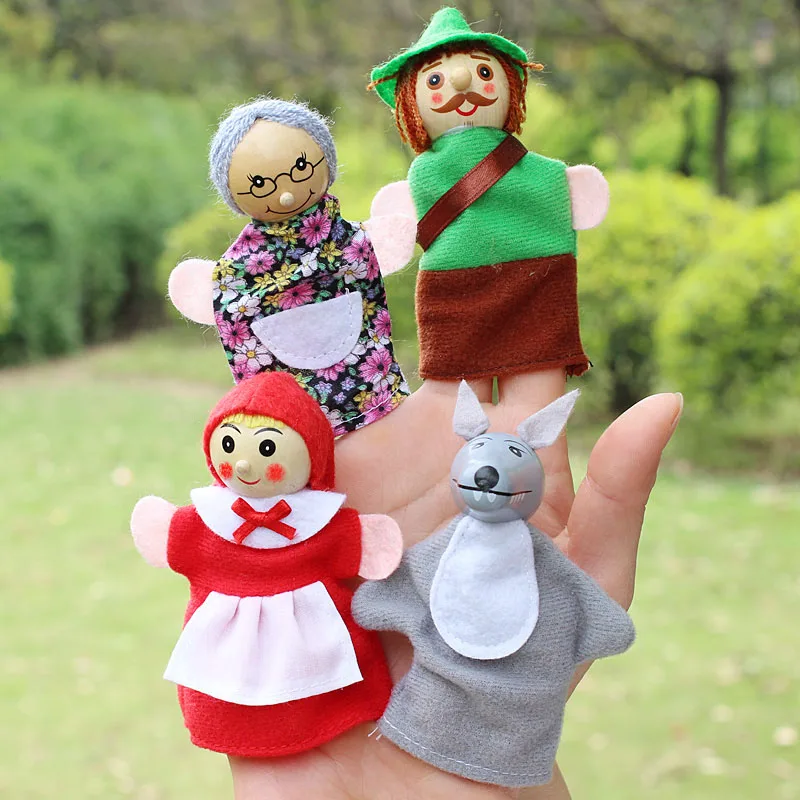 4 unids/lote, marionetas de dedo para niños, muñecos de peluche, Caperucita Roja, cabeza de madera, cuento de hadas, marionetas de mano para contar historias