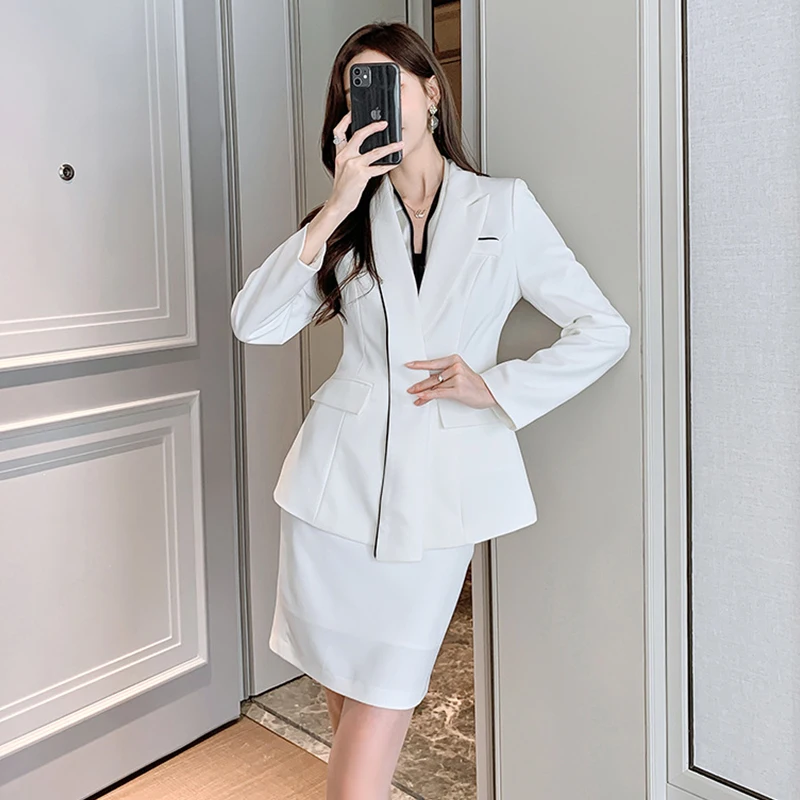 Fashion Vintage Women White Professional Temperament Notched Neck Coat Jacket Suit Blazer High Waist Skirt Female 2 Pieces Set