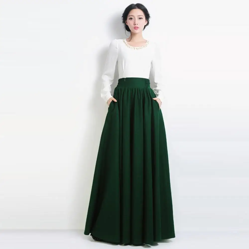 2019 Female Winter Fashion Vintage Mopping the floor Green 80% Woolen High Waist Pleated Sun Long Skirt Designs Skirts Womens