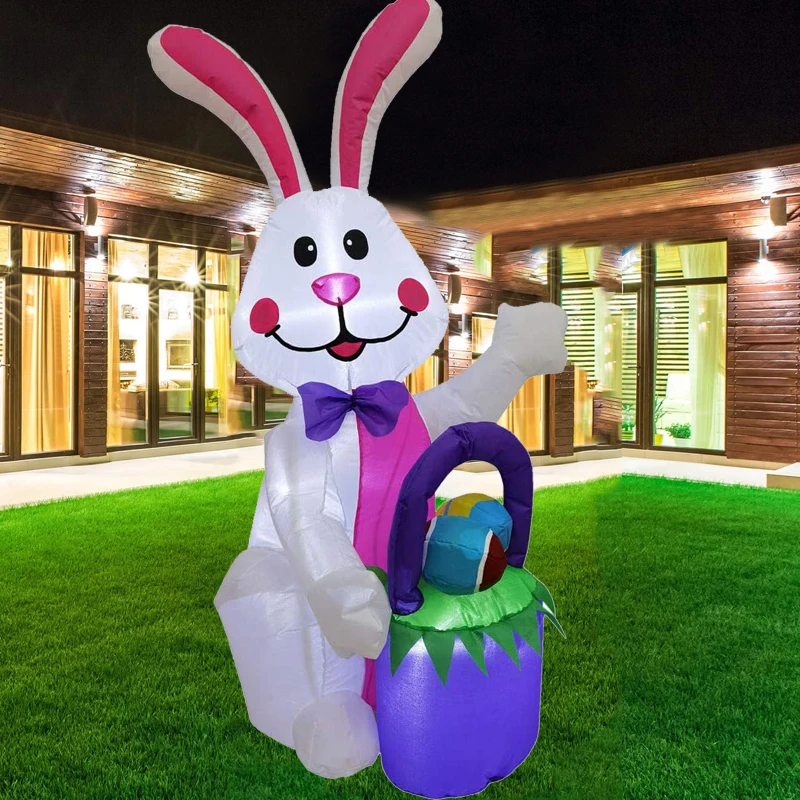 

110cm Tall Easter Inflatable Bunny with Easter Basket Outdoor Indoor Blow Up Spring Inflatables with LED Lights Decorations Toys