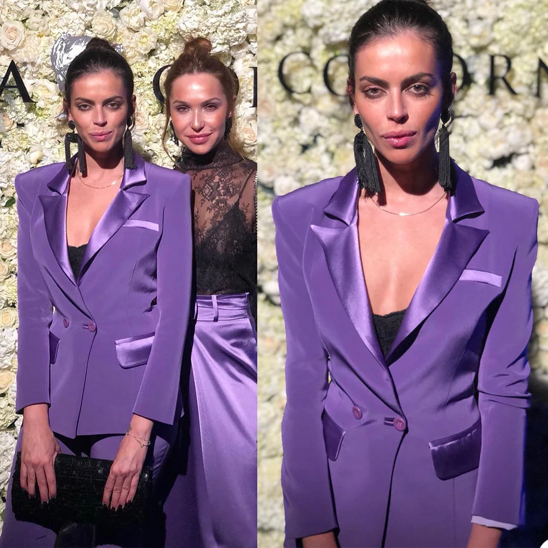 Chic Elegant Women Purple Suit Double Breasted Patchwork Blazer Party Streetwear Casual Office lady 2 Pieces Jacket Coat