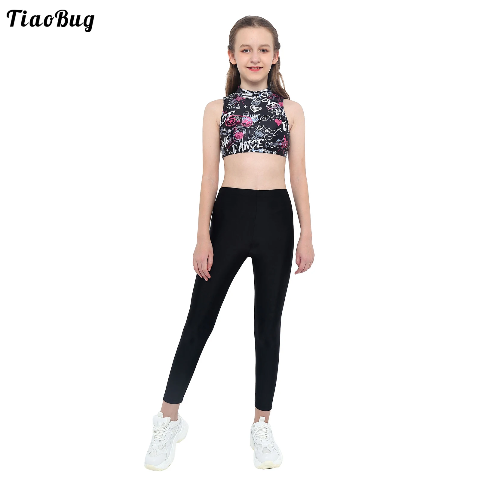 

Summer 2Pcs Kids Girls Gym Yoga Sport Suit Stand Collar Sleeveless Keyhole Back With Press Button Closure Crop Tops With Pants