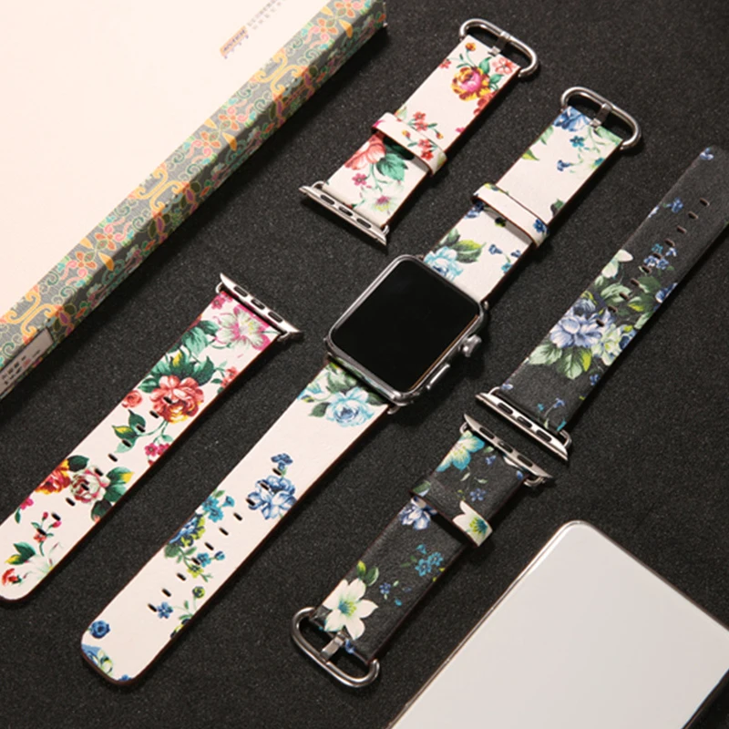 leather strap for apple watch band 42mm 38mm 44mm 40mm correa Printing flower bracelet watchband for iwatch pulseira 6/5/4/3/2/1