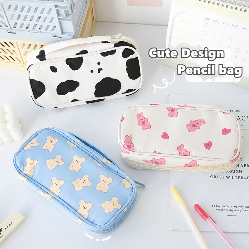 Cute Design Pencil Bag Pen Case Cartoon Bear Cow Rabbit Mesh Pocket Handbag Storage Pouch Stationery Office School Supplies F838