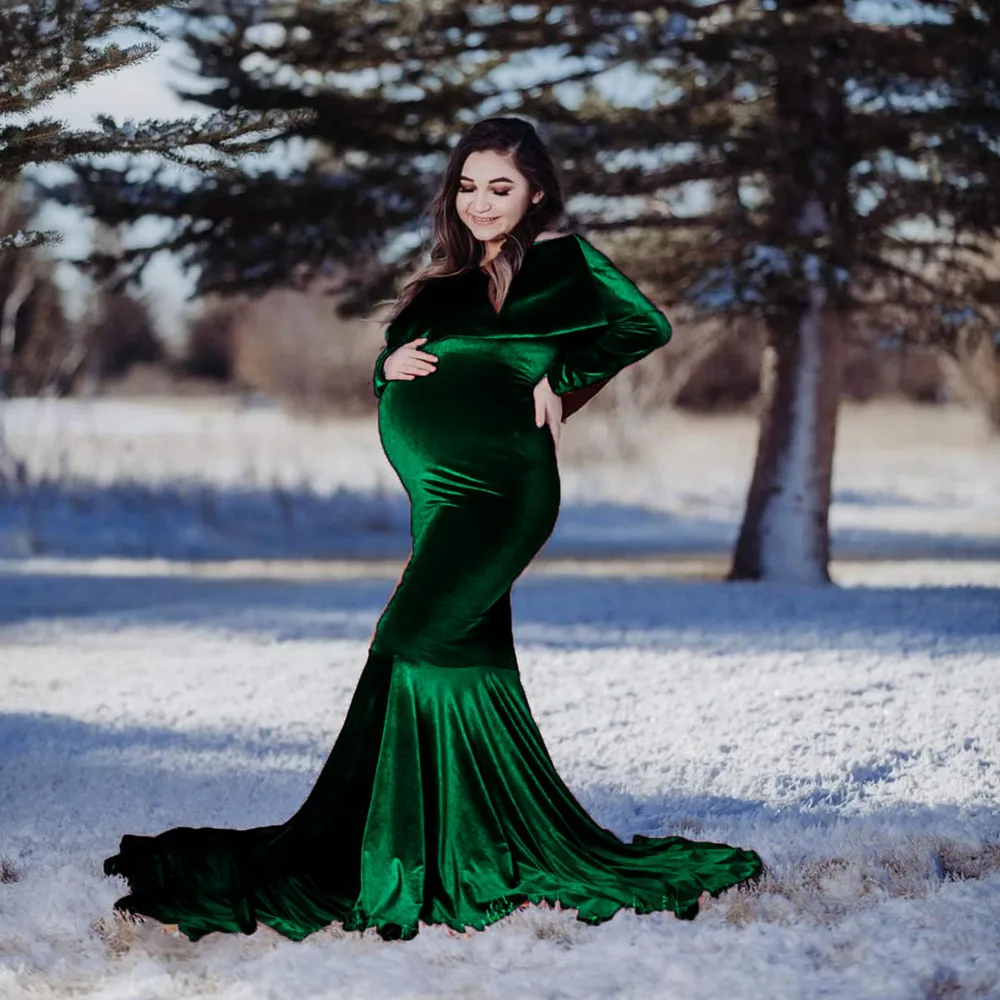 Ruffles Maternity Photography Props Long Dress Sexy Pregnancy Dresses Pleuche Pregnant Women Clothes Maxi Gown For Photo Shoots